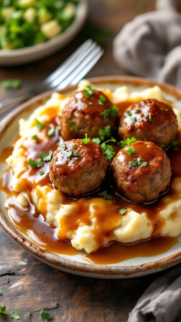 Slow Cooker Salisbury Steak Meatballs Recipe Salisbury steak meatballs in gravy over mashed potatoes, garnished with parsley on a rustic table.